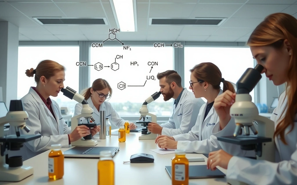 Ilustración de equipo de científicos en un laboratorio moderno examinando muestras bajo microscopio, con gráficos de datos y fórmulas flotando alrededor, simbolizando investigación y desarrollo.
