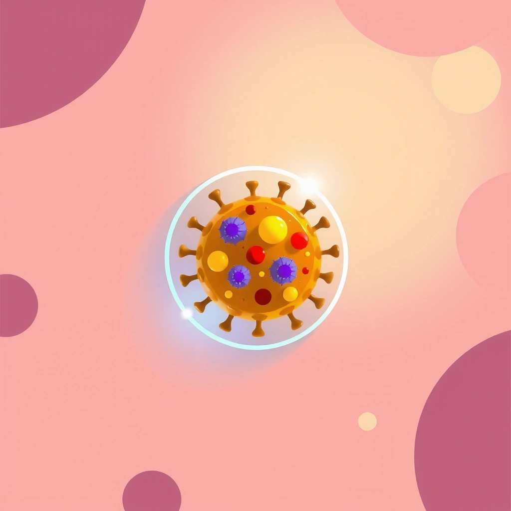 Ilustración abstracta de una célula con defensas activas, rodeada por un escudo protector, simbolizando el sistema inmune.