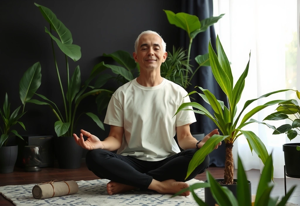 Persona meditando en casa rodeada de plantas, con luz suave, transmitiendo calma y bienestar mental