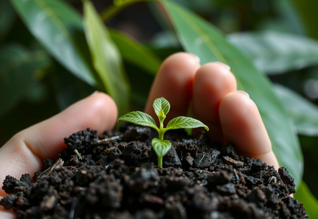 Mano sosteniendo una planta joven en tierra fértil