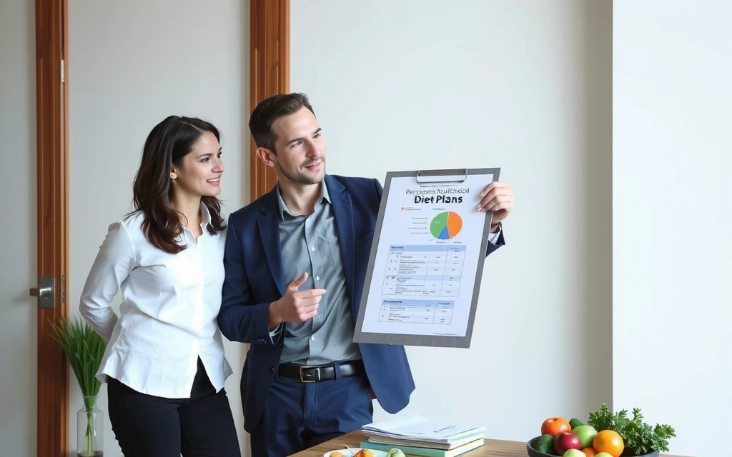 Nutricionista explicando un plan de dieta a un cliente en una oficina moderna.